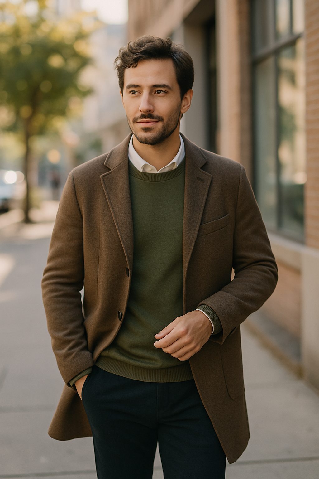 A man wearing a classic button-up shirt under a green sweater and brown coat, walking on a city street.