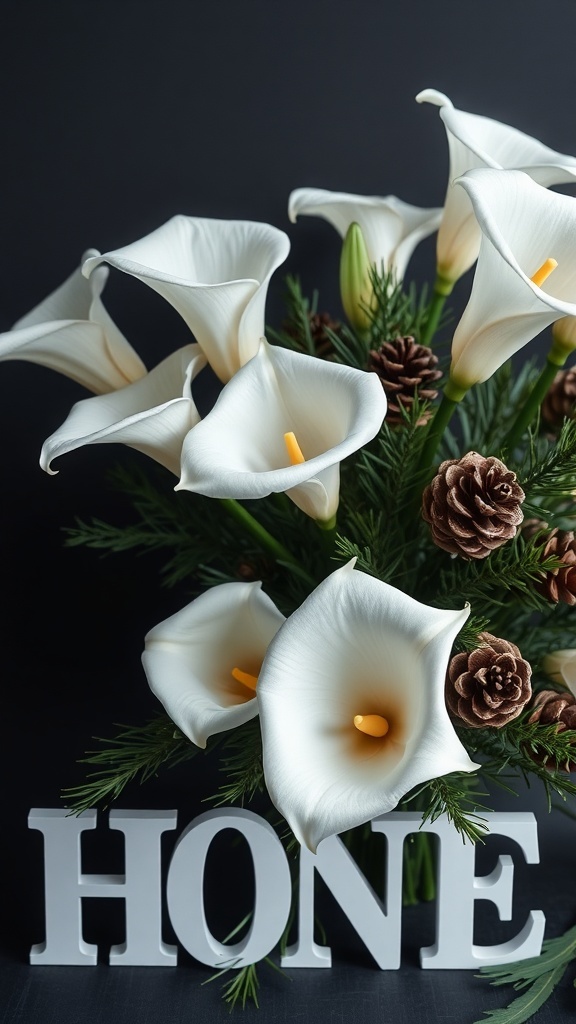 Winter wedding bouquet featuring classic calla lilies and pine cones