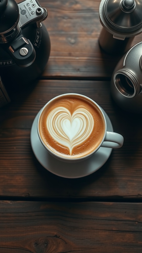 A beautifully crafted cappuccino with heart art on top, surrounded by coffee equipment on a wooden table.
