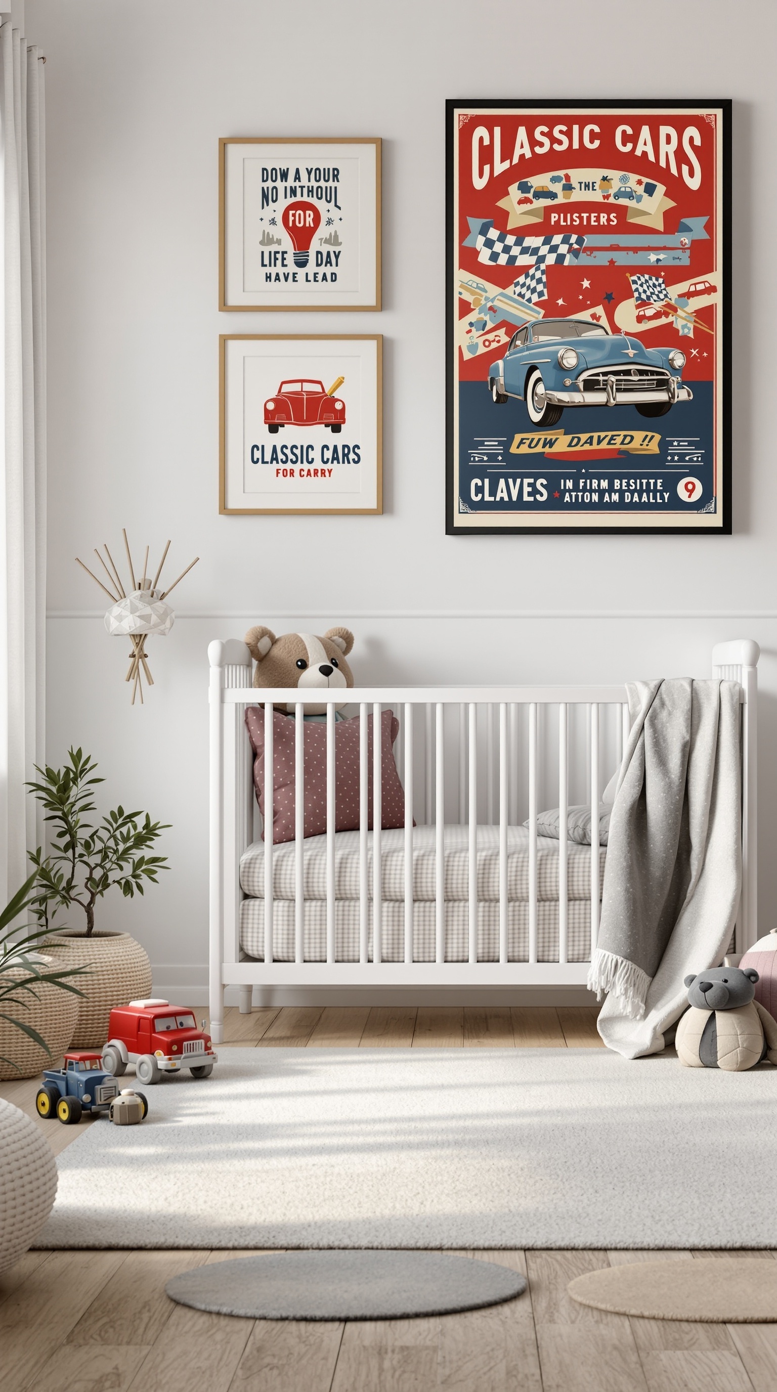 A nursery designed for a boy with a classic car theme, featuring car-themed artwork, a crib, and toy cars.