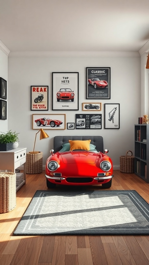 A stylish boy's bedroom featuring a red classic car, car-themed wall art, and cozy furniture.