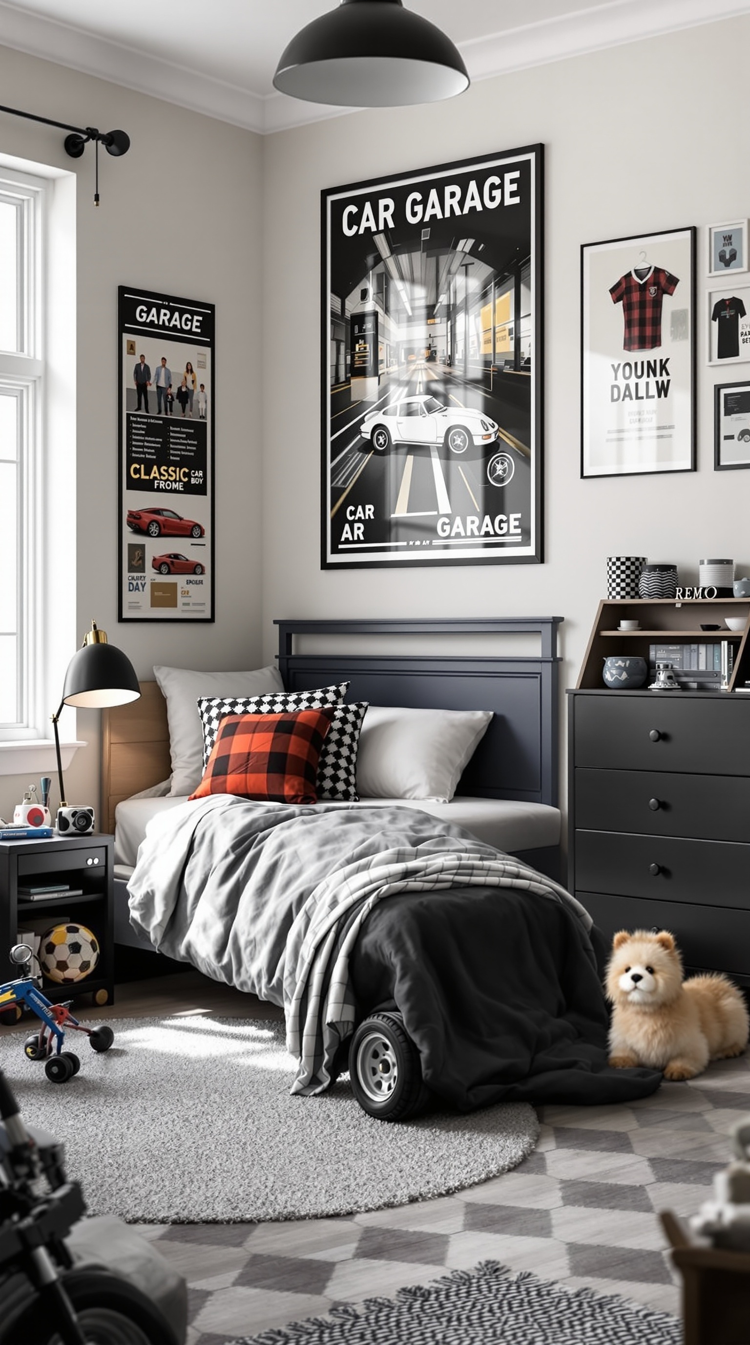 A boys' room designed with a classic car garage theme, featuring car posters, a cozy bed, and playful decor.