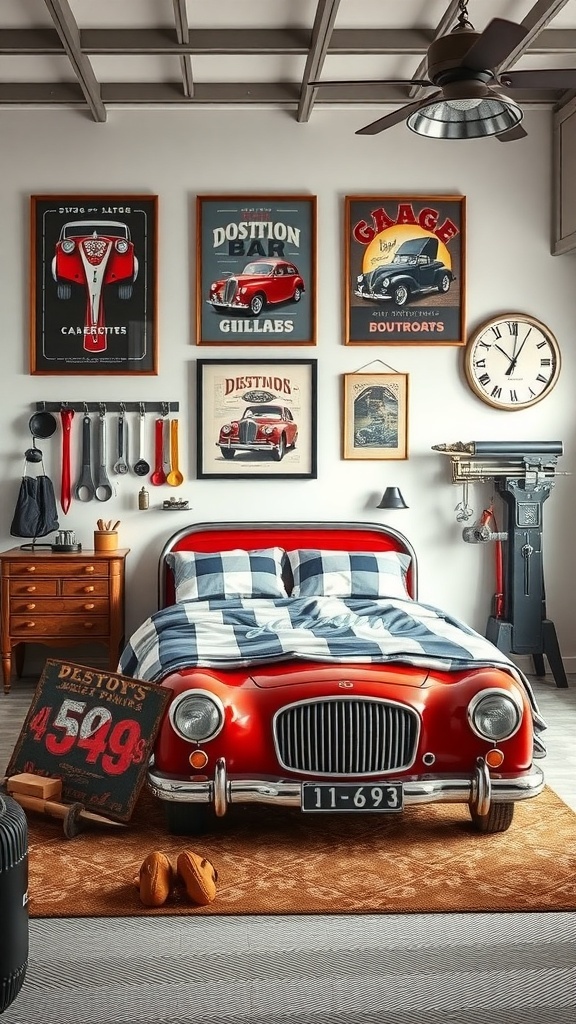 Boys bedroom with classic car garage theme featuring a car-shaped bed and vintage car posters