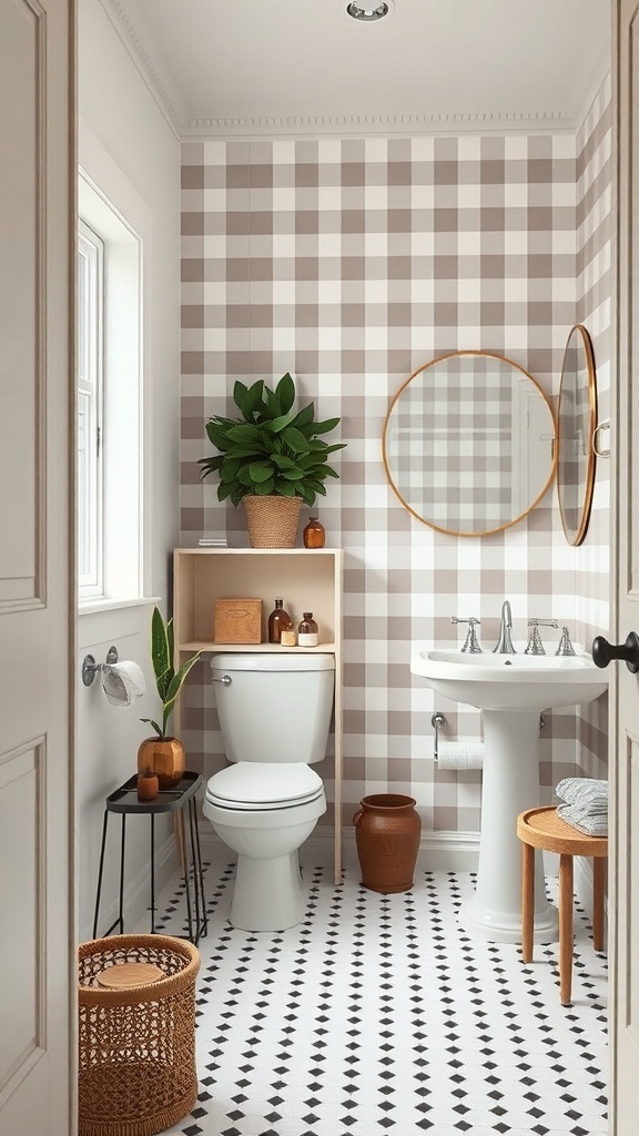 A small bathroom with checkerboard wallpaper in neutral tones, featuring a round mirror and plants.