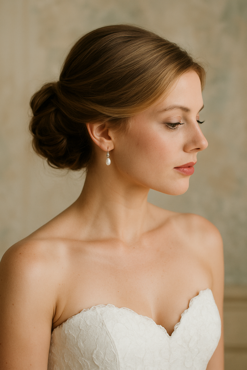A bride with a classic chignon hairstyle wearing a strapless wedding dress, showcasing elegance and timeless beauty.