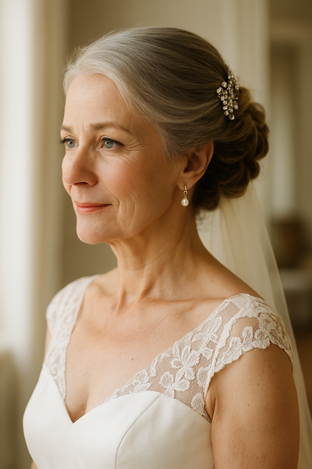 A mature bride with a classic chignon hairstyle, adorned with a delicate hairpiece, showcasing elegance and sophistication.