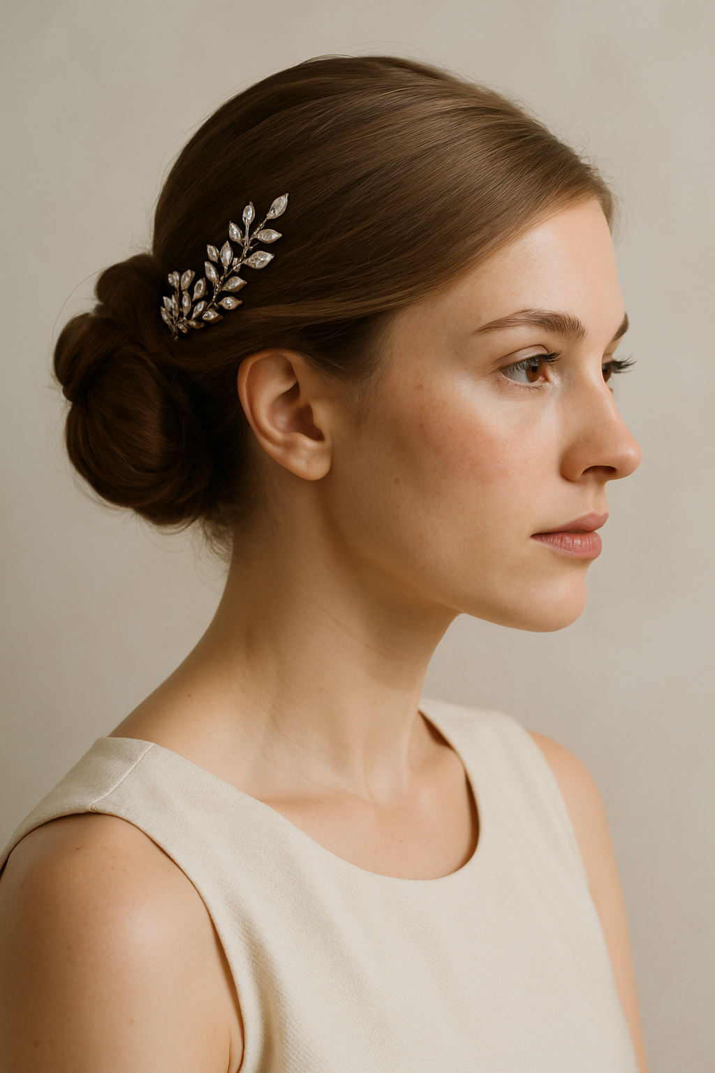 A woman with a classic chignon hairstyle adorned with a decorative hairpiece.