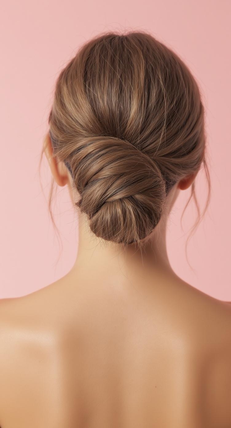 A classic chignon hairstyle with a twist, featuring a neat twisted bun and soft strands framing the face.