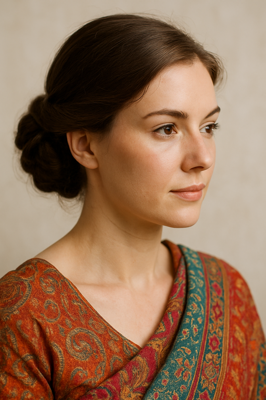 A woman with a classic chignon hairstyle, wearing a colorful dupatta.
