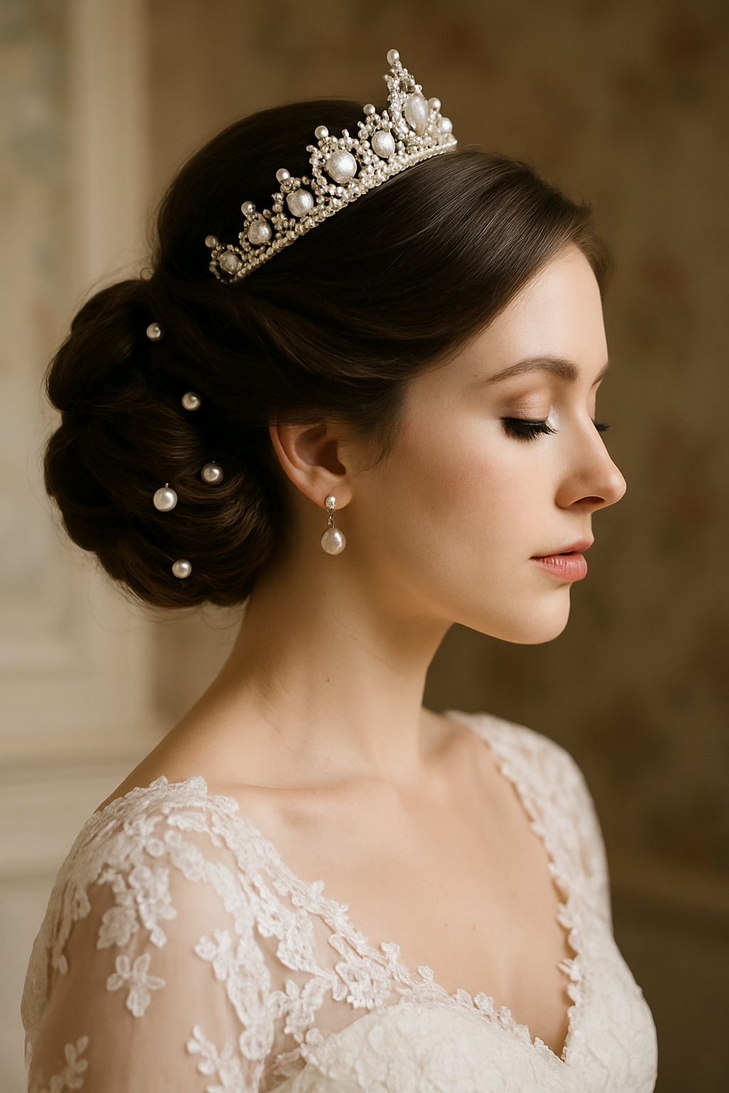 A bride with a classic chignon hairstyle adorned with pearls and a crown, showcasing elegance.