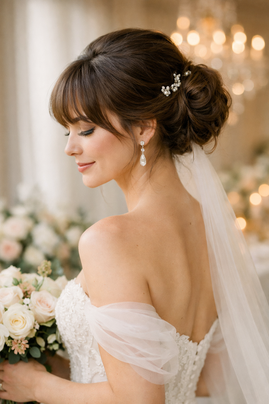 A woman with soft bangs and a classic chignon hairstyle, wearing elegant earrings and holding a bouquet, with a soft backdrop.