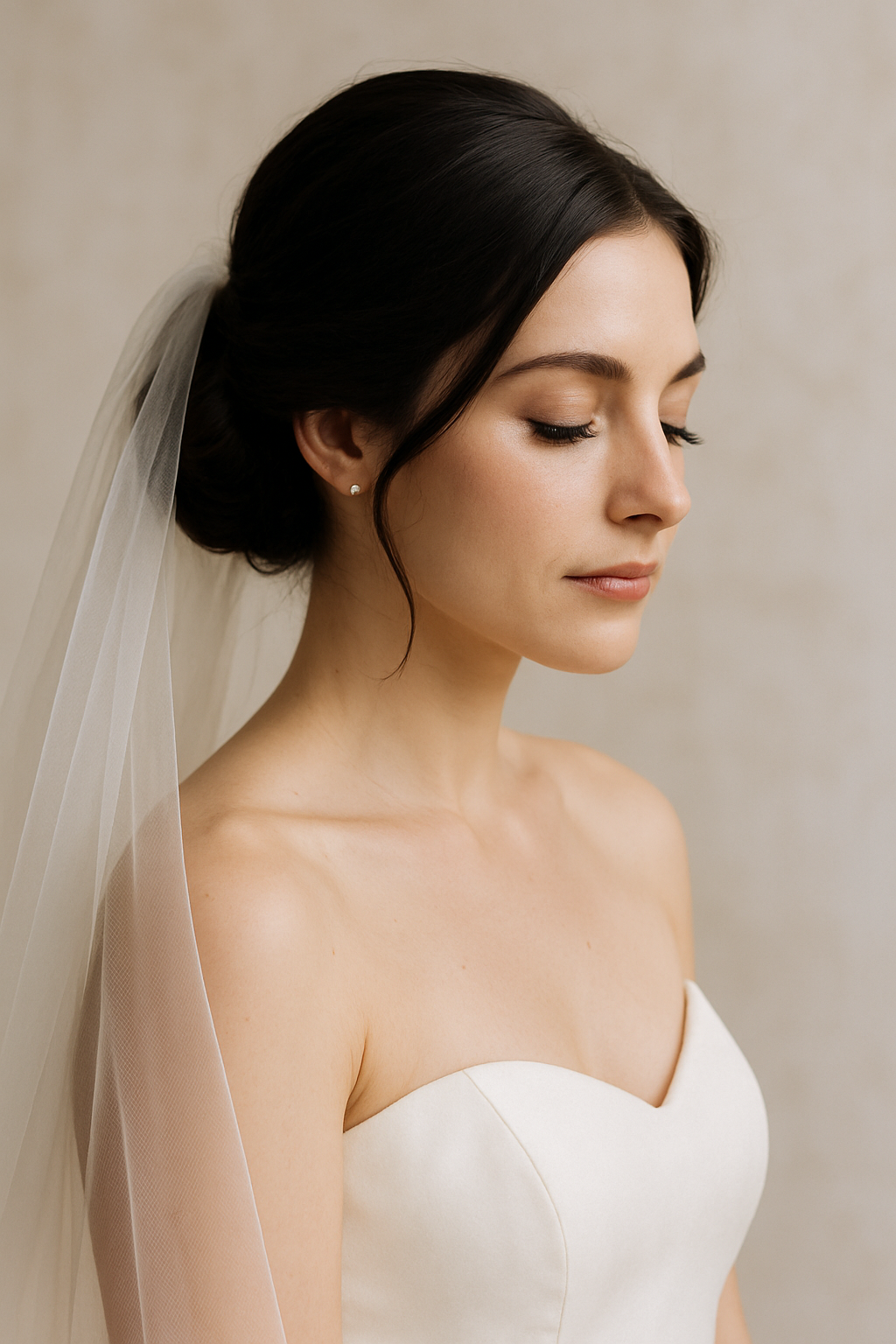 A bride with brunette hair styled in a classic chignon, wearing a veil and a strapless wedding gown.
