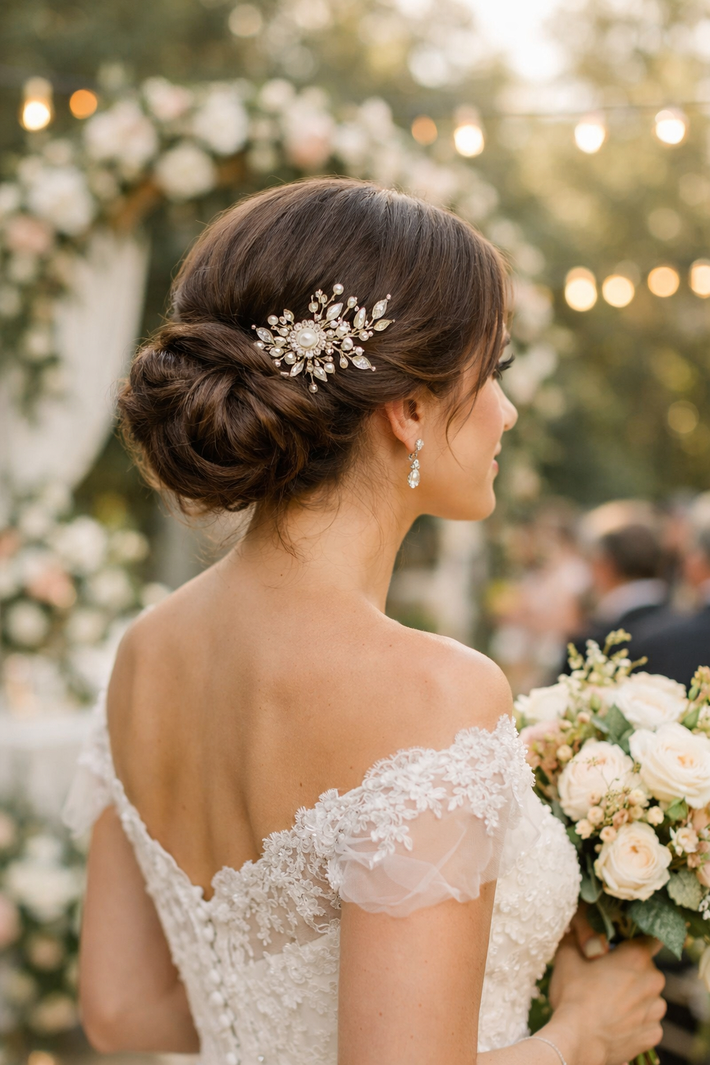 Elegant classic chignon hairstyle adorned with a vintage hairpiece, ideal for summer weddings.