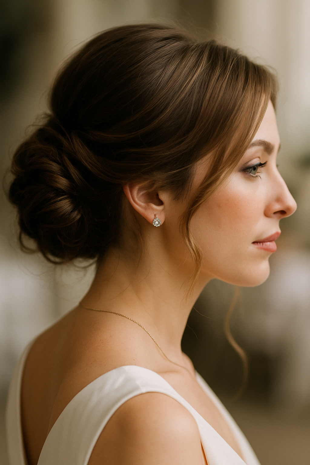 A side profile of a woman with a classic chignon hairstyle, wearing elegant earrings and a simple dress.