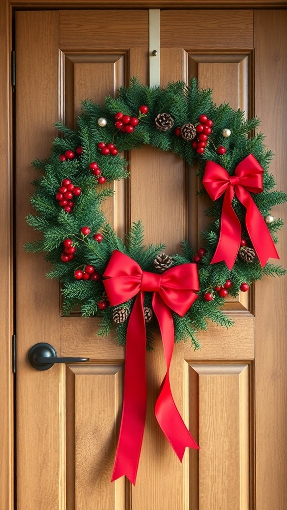 A classic Christmas wreath with red berries, pinecones, and red bows on a wooden door.