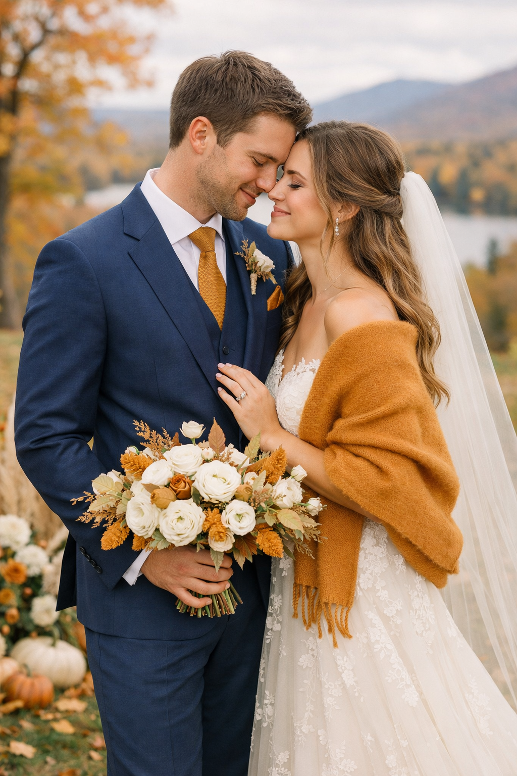 A couple in a fall engagement setting, the groom in a navy suit with a golden tie and the bride in a lace dress with a warm shawl, holding a bouquet of flowers.