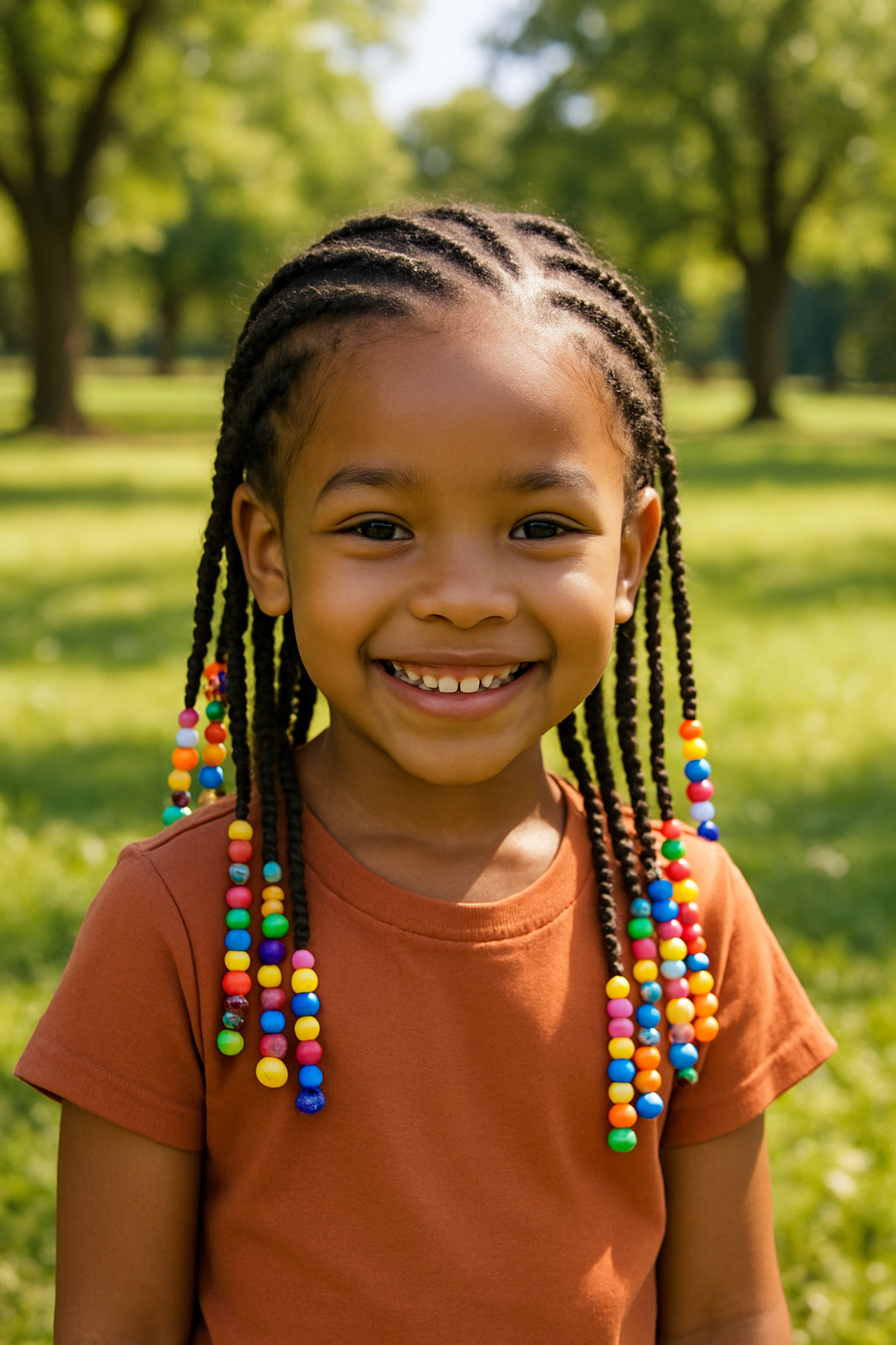 A girl with classic cornrow hairstyle, featuring beads, showcasing a stylish and neat look.