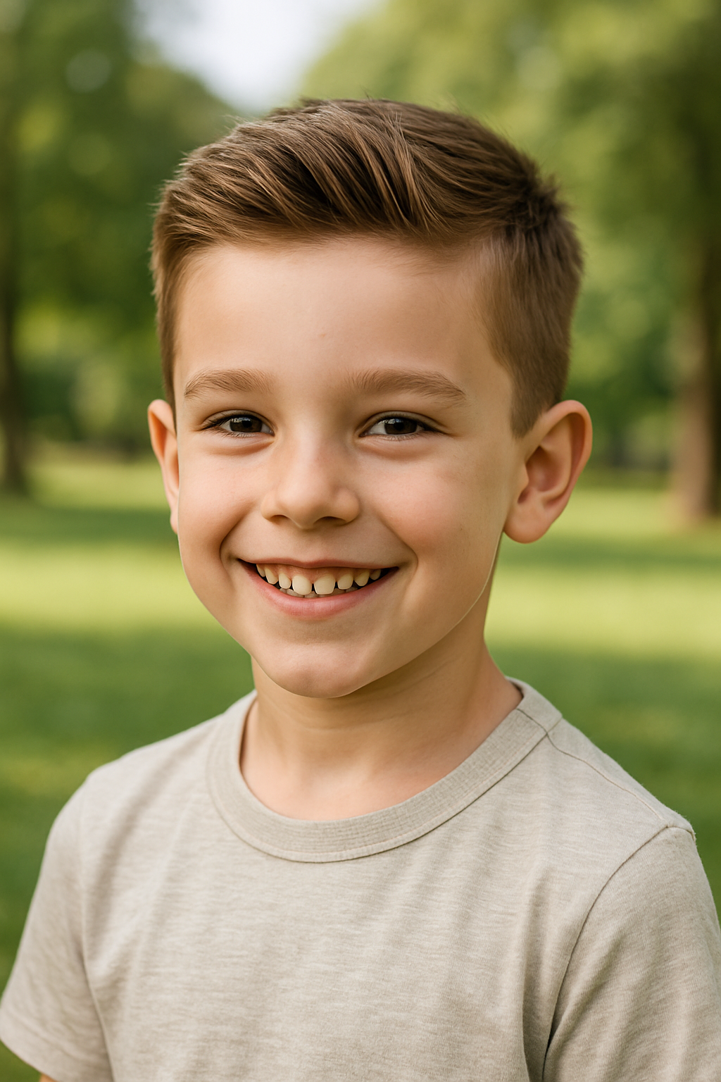A young boy with a classic crew cut hairstyle, smiling in a park.
