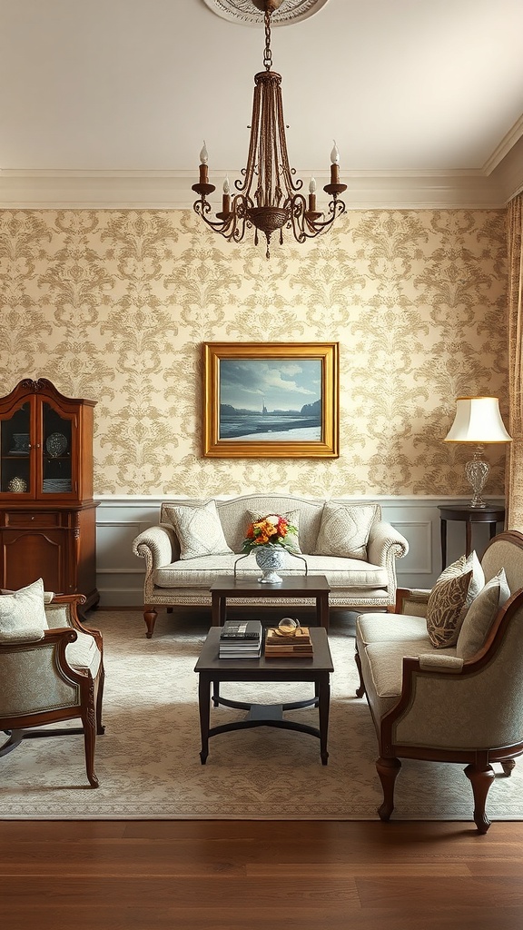 A sophisticated living room with classic damask wallpaper, elegant furniture, and a chandelier.