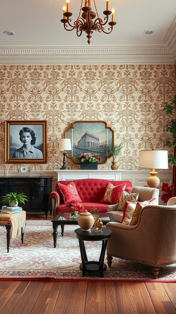 A living room featuring classic damask wallpaper with a red sofa, elegant chandelier, and framed artwork.