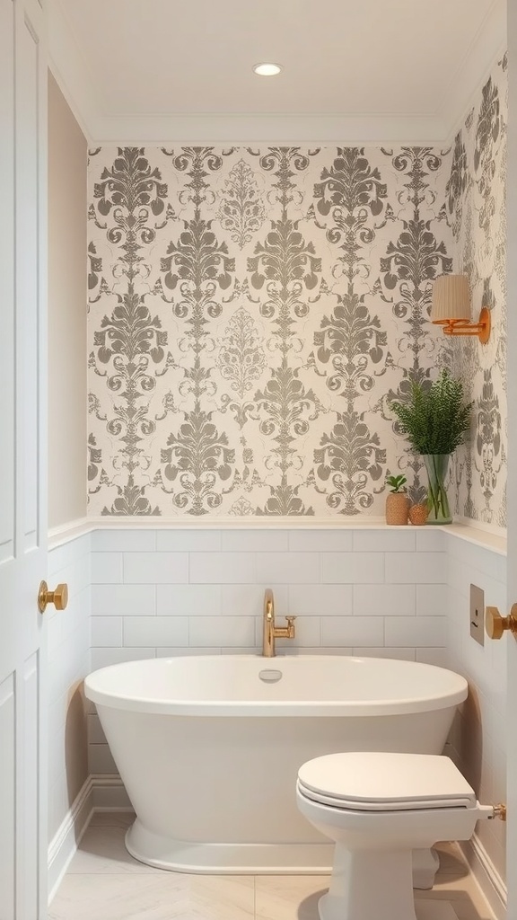 A small bathroom featuring classic damask wallpaper in gray tones, a white bathtub, and gold fixtures.