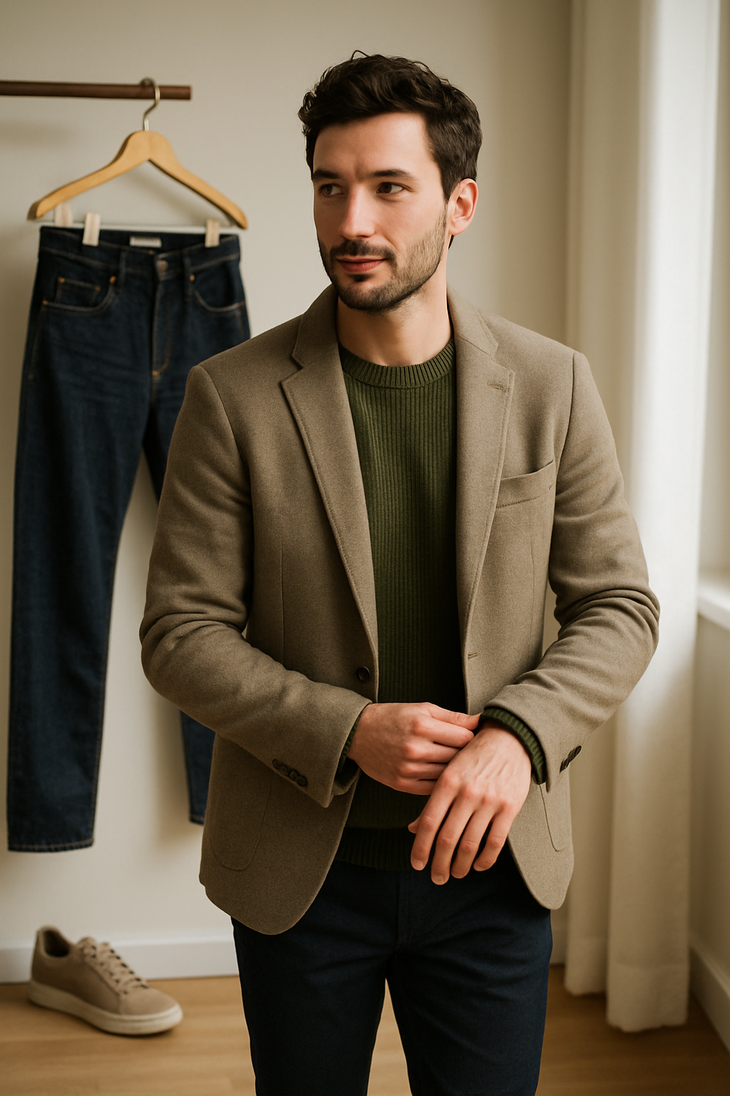 A man wearing dark denim jeans, a green sweater, and a beige blazer, with jeans hanging in the background.