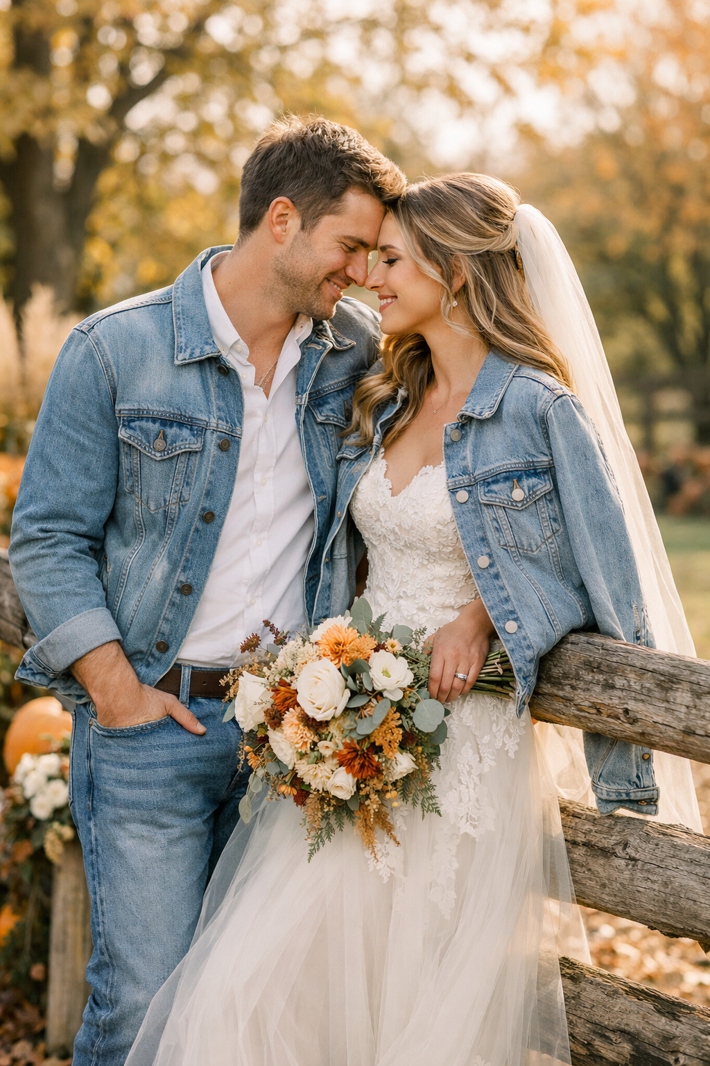 A couple in denim jackets, smiling and leaning against a wooden fence, surrounded by fall foliage.
