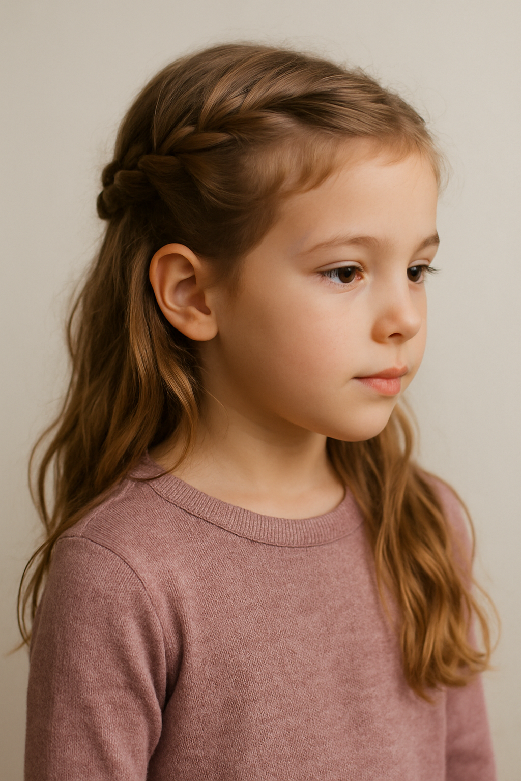 A young girl with a classic Dutch braid hairstyle, showcasing a neat and stylish look.
