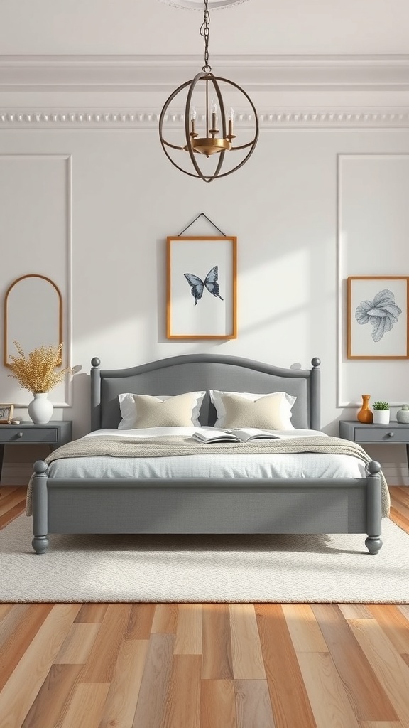 A stylish bedroom featuring a grey bed frame, decorative wall art, and modern lighting.