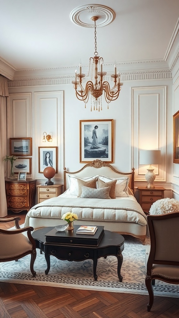 A beautifully designed bedroom featuring classic furniture, elegant chandelier, and modern decor elements.