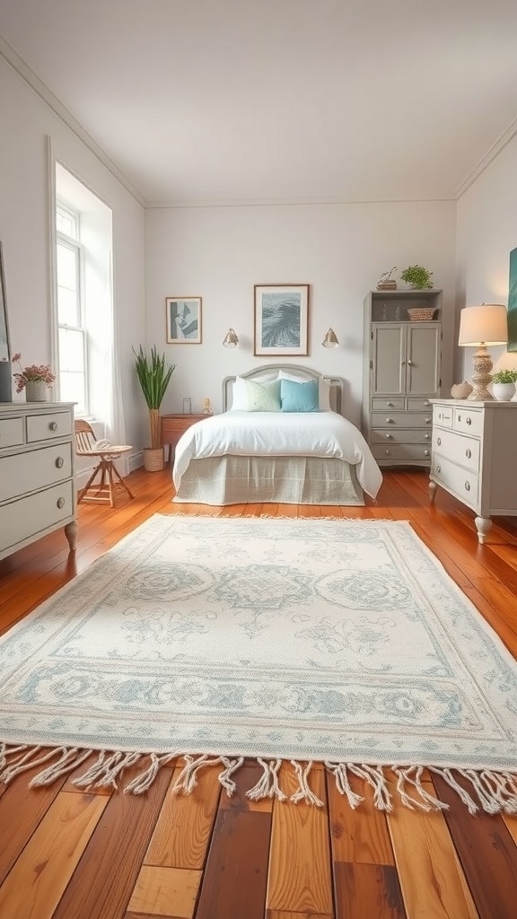 A vintage farmhouse bedroom featuring a classic rug with intricate patterns on a wooden floor.