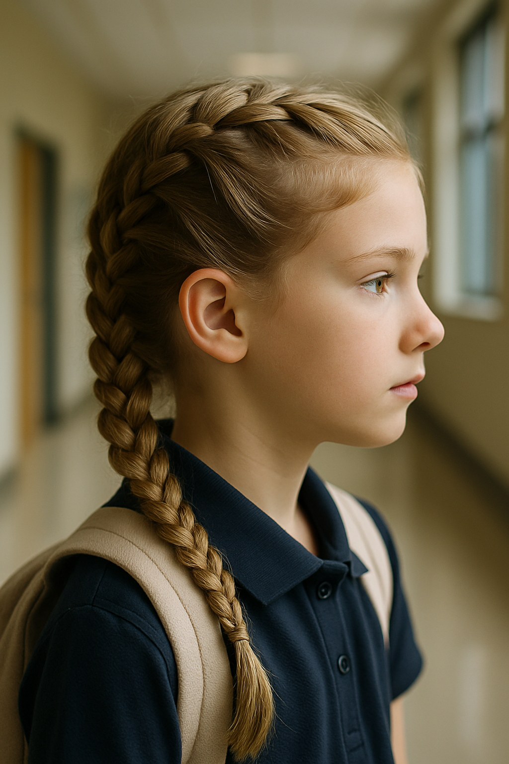 A young girl with a classic French braid hairstyle, wearing a navy polo shirt and a backpack, standing in a school hallway.