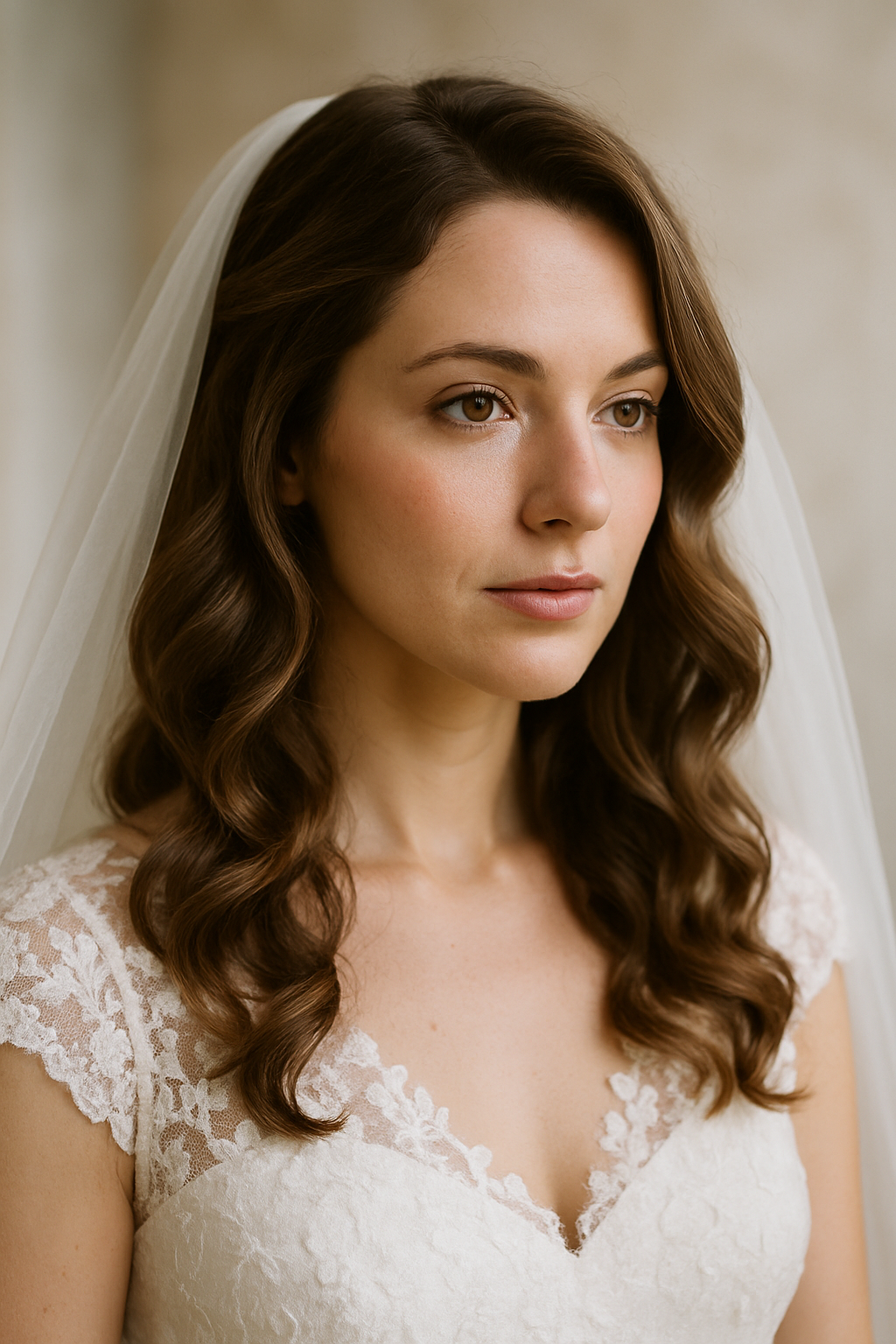 Bride with soft waves and a classic French braid hairstyle, wearing a lace wedding dress.