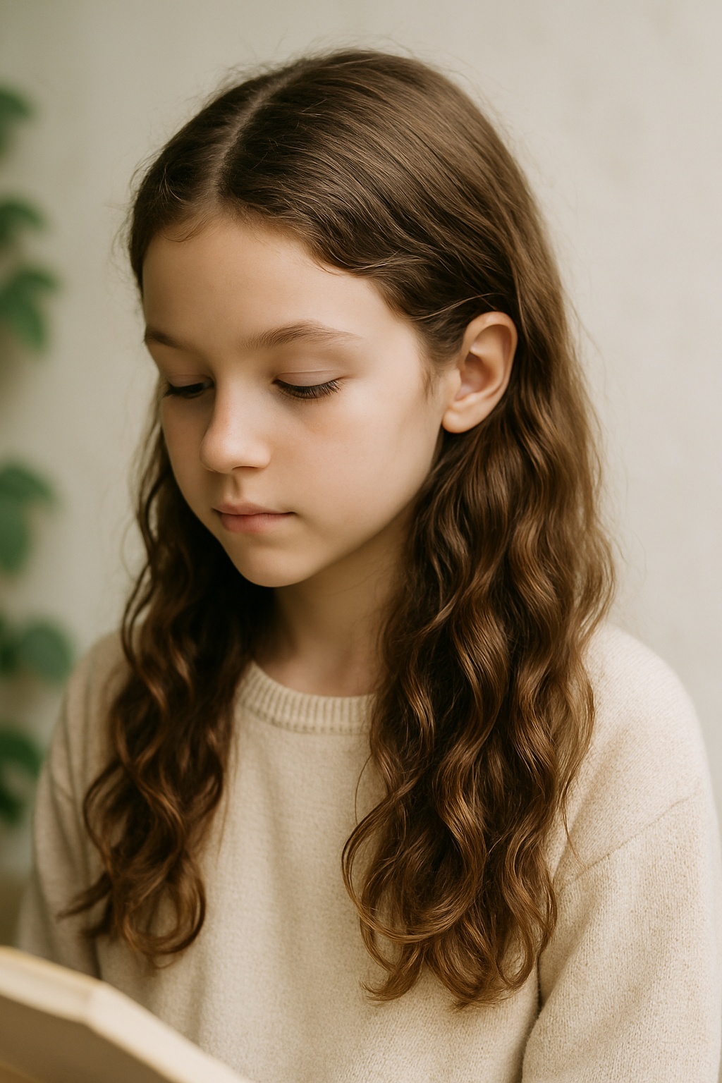 A girl with wavy hair reading a book, showcasing a classic French braid hairstyle.