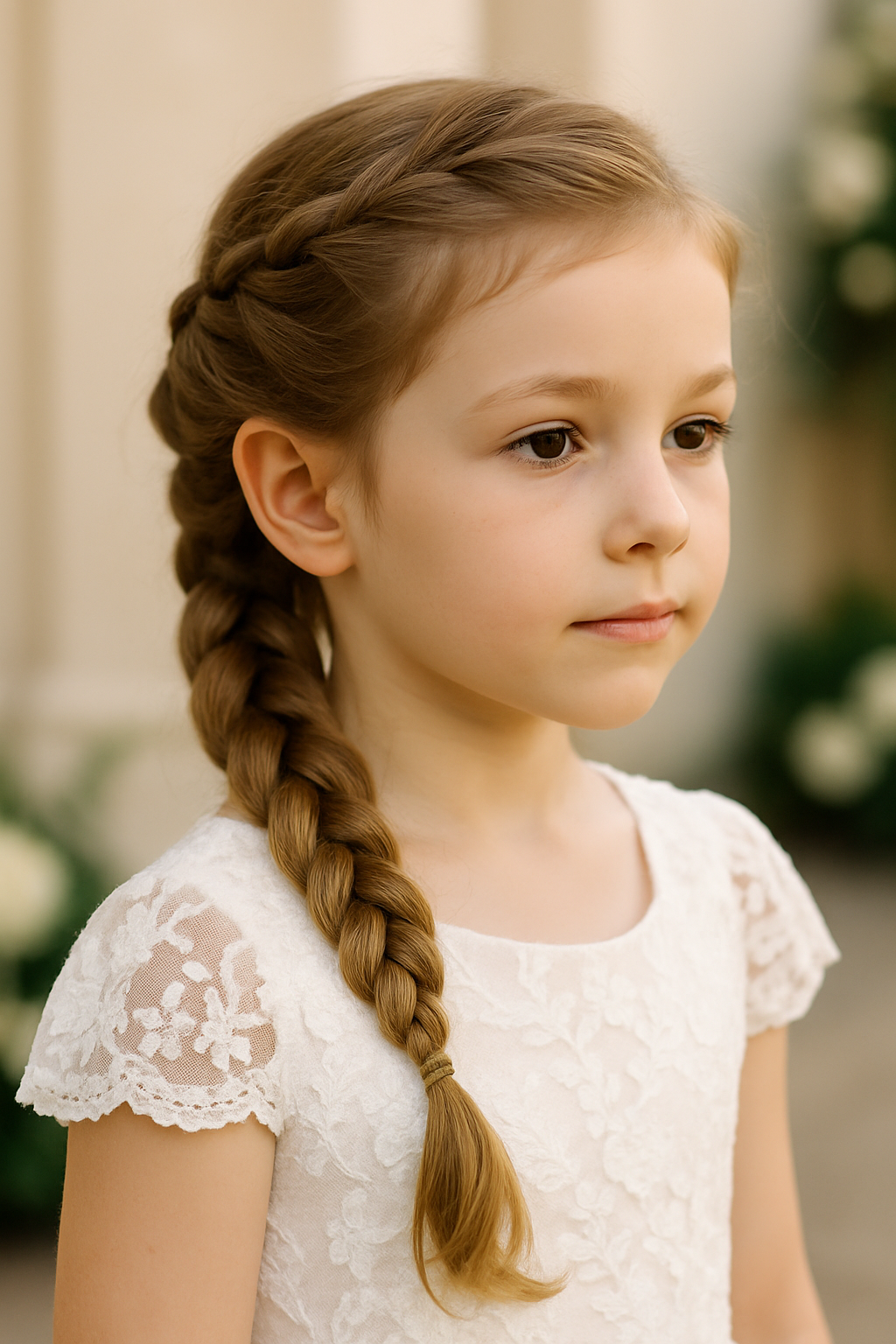 A young girl with a classic French braid hairstyle, wearing a lace dress.