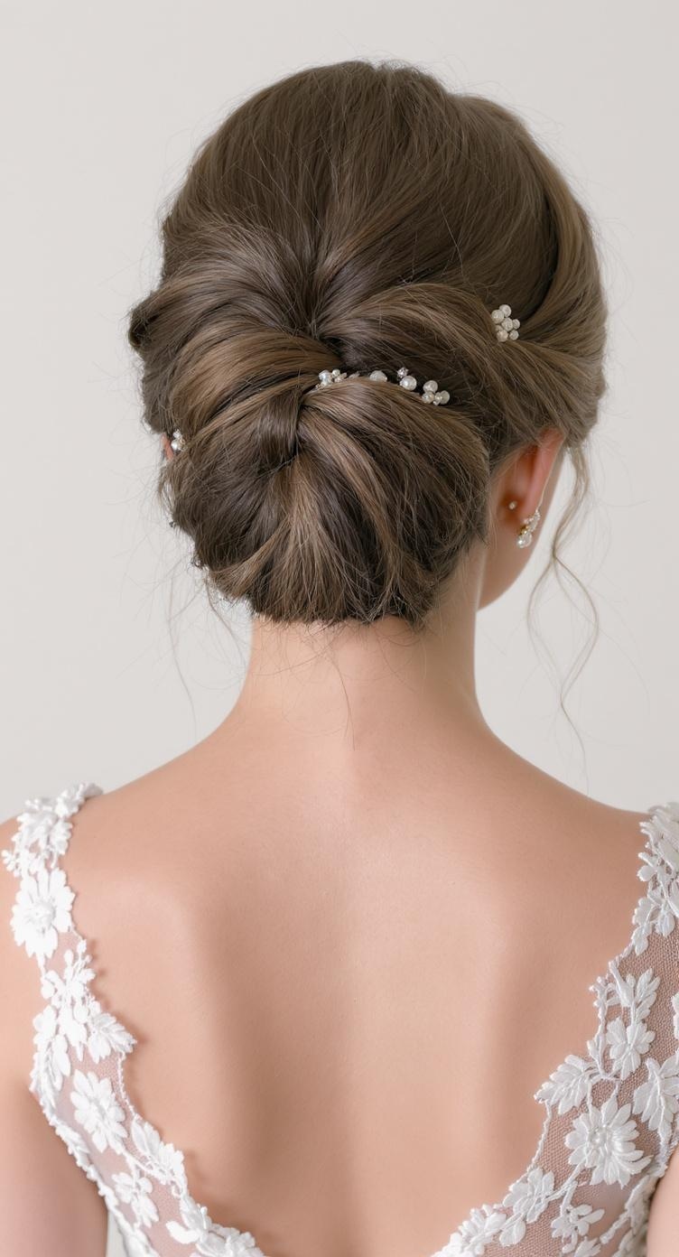 A classic French braid updo hairstyle with delicate hair accessories.
