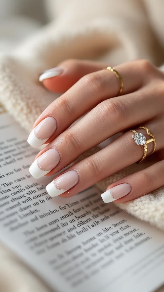 A hand with classic French tip nails featuring a nude base and white tips, adorned with delicate rings, resting on a book.