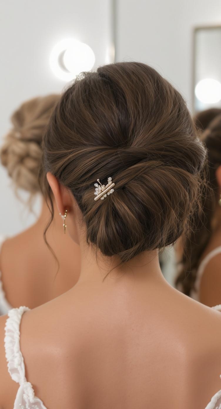 A classic French twist hairstyle with a decorative hairpin, showcasing an elegant updo.