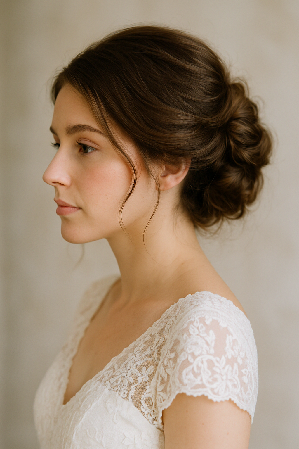 A side view of a woman with a classic French twist hairstyle, featuring soft curls framing her face.