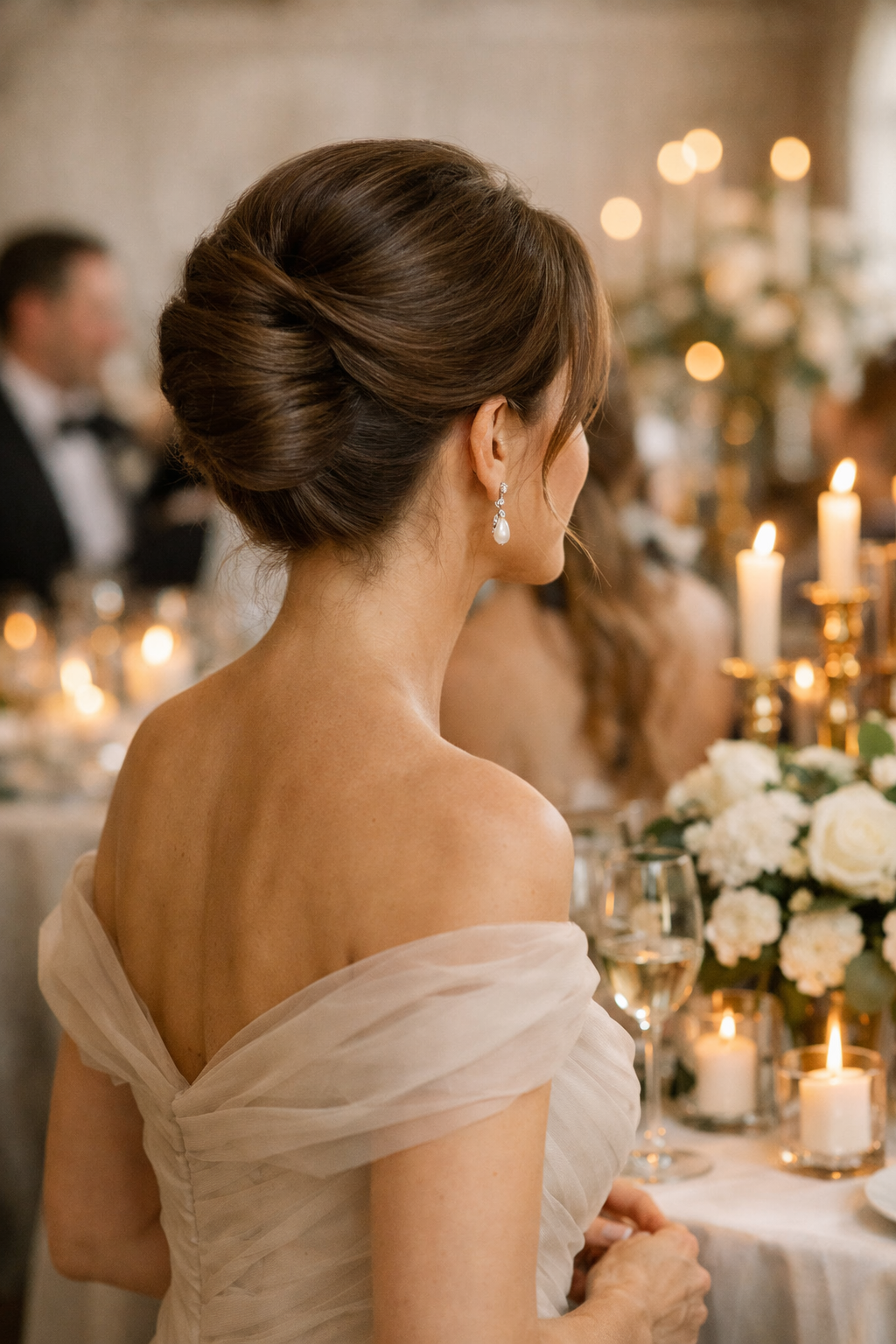 A woman with a classic French twist hairstyle, showcasing elegance at a wedding.
