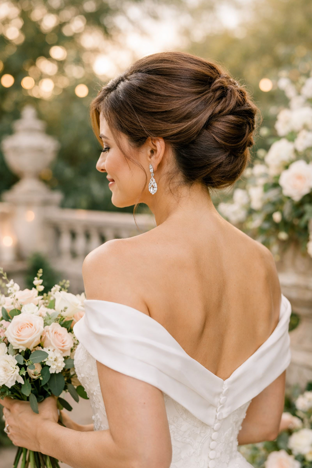 Elegant woman with a classic French twist hairstyle, wearing an off-the-shoulder wedding guest dress.