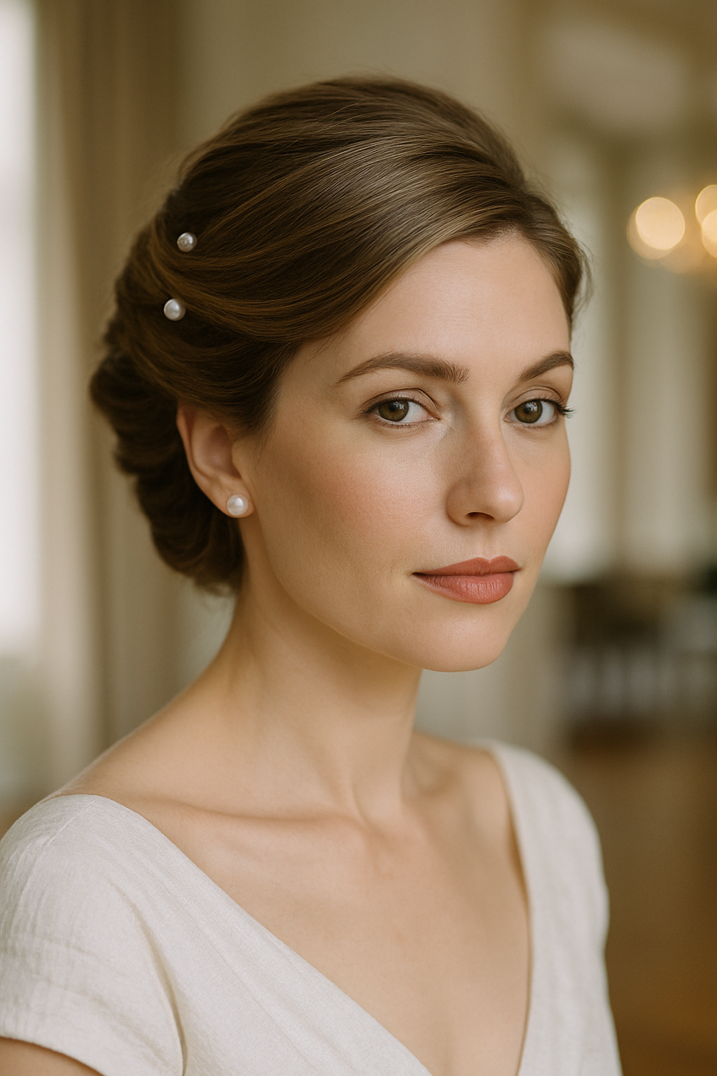 A bride with a classic French twist hairstyle adorned with pearls, showcasing elegance and sophistication.
