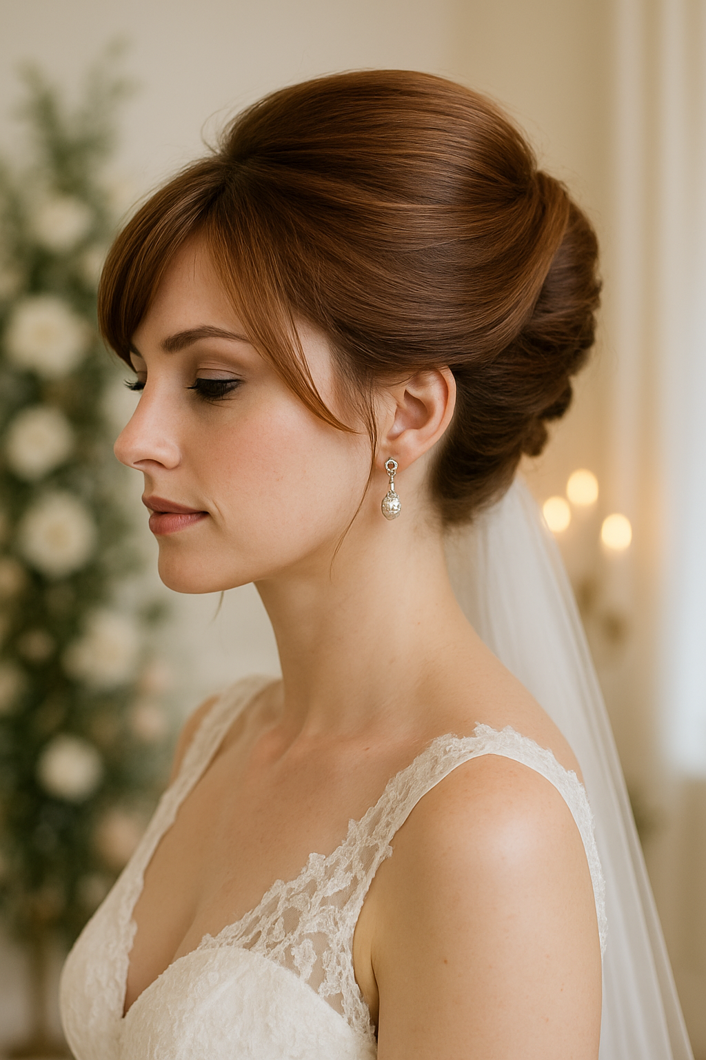 A bride with a classic French twist hairstyle featuring side bangs, wearing elegant earrings and a lace wedding dress.