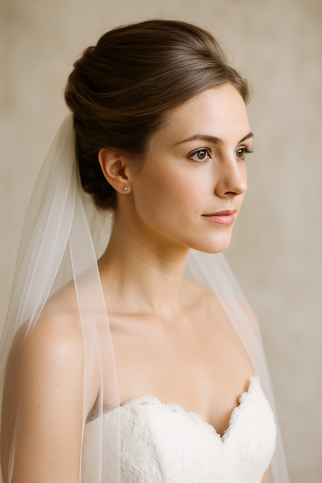Bride with a Classic French Twist hairstyle and veil