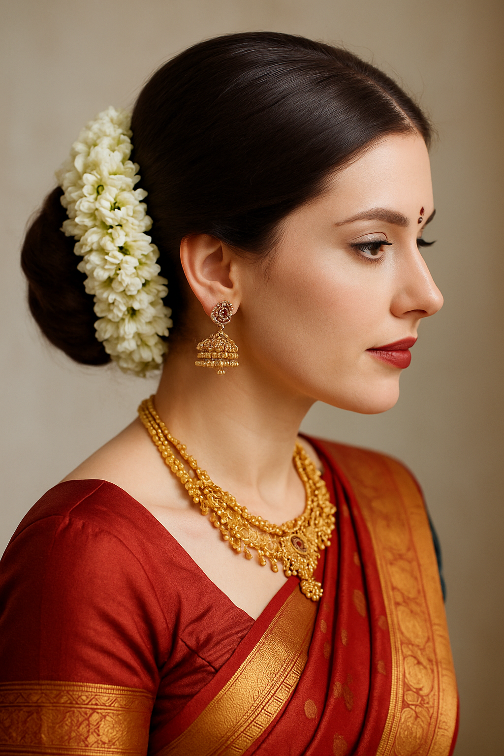 A woman with a sleek bun hairstyle adorned with jasmine flowers, wearing traditional jewelry and a red saree.