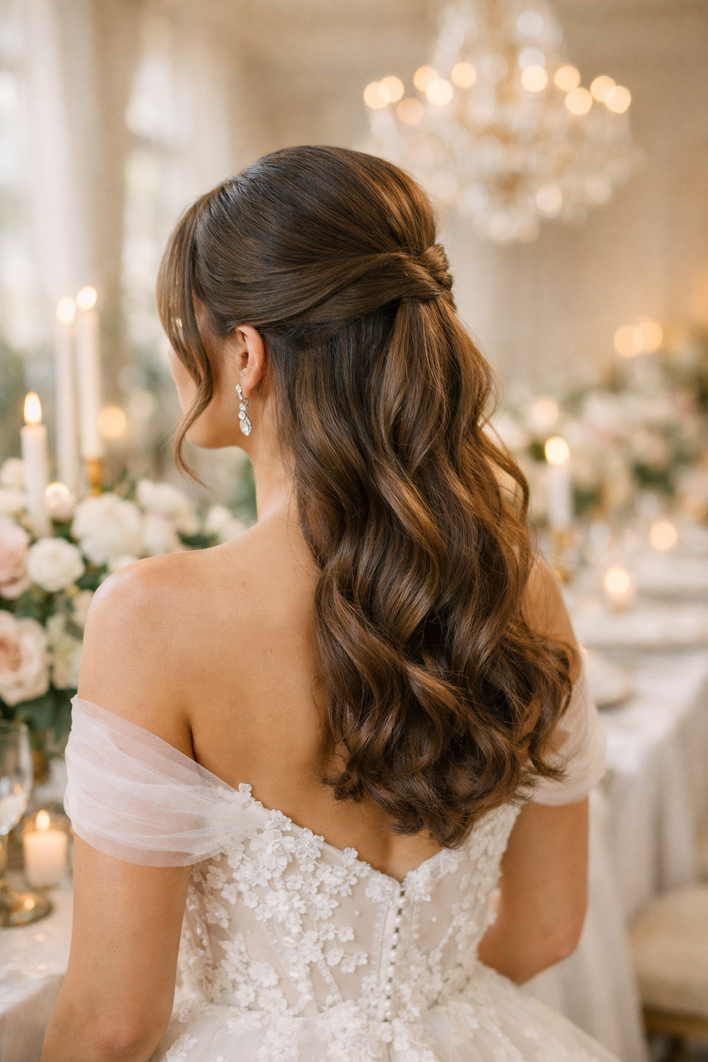 A woman with a classic half-up ponytail hairstyle, showcasing elegant curls and wearing a beautiful dress with floral details.
