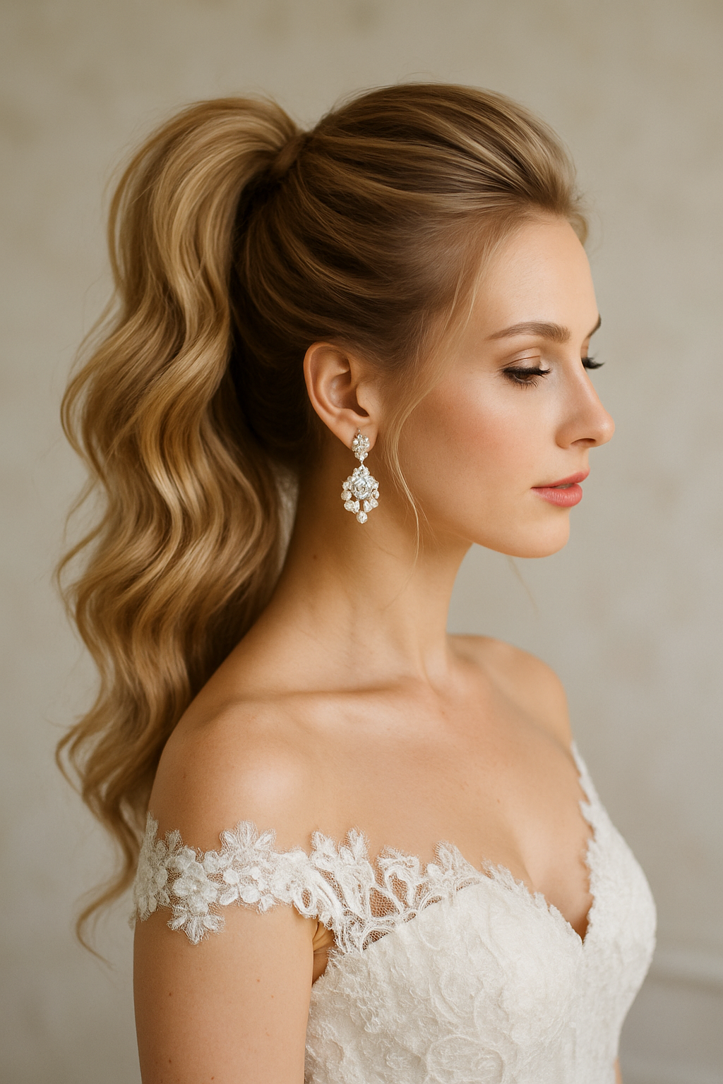 Bride with a classic high ponytail hairstyle and elegant earrings