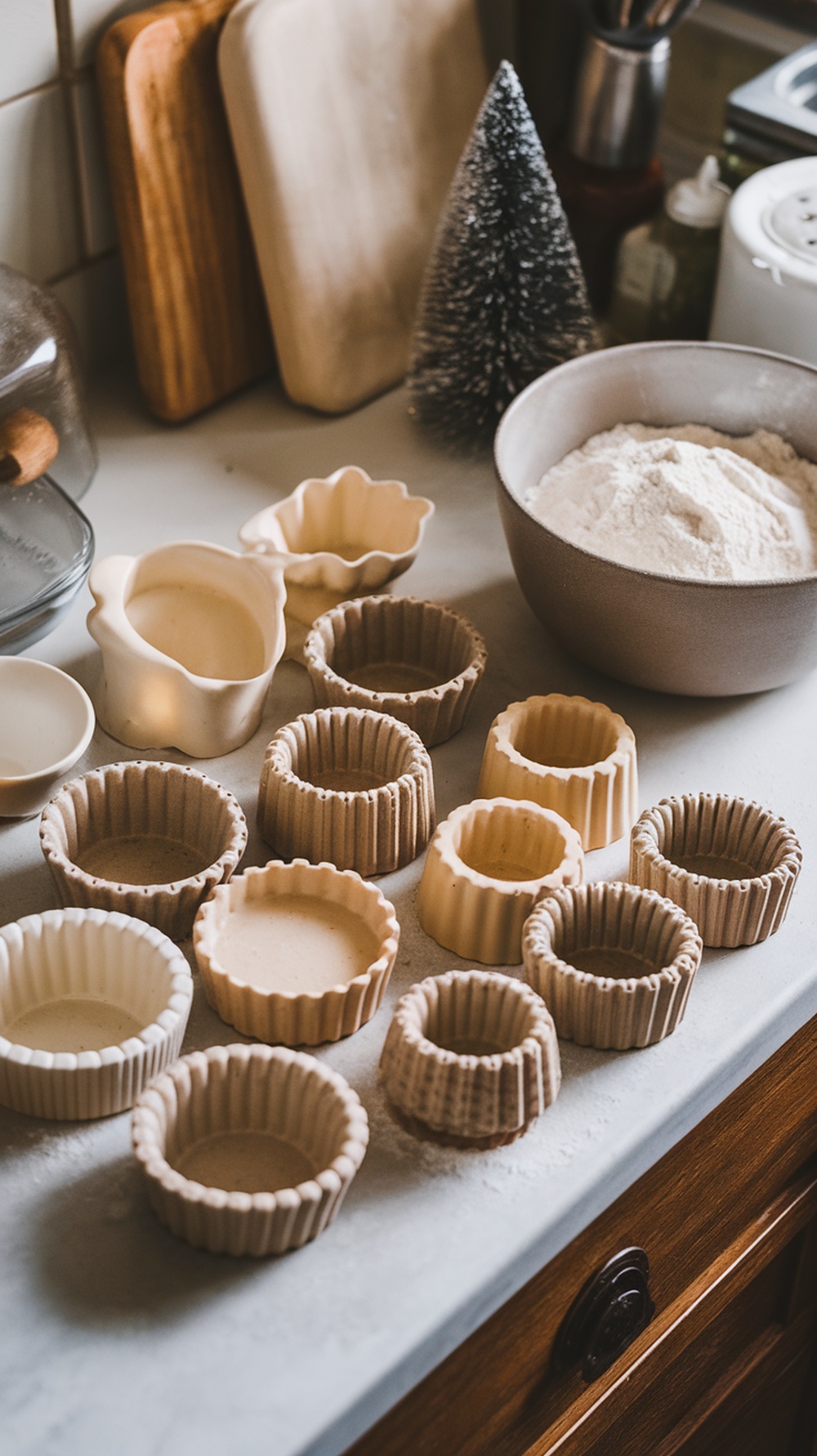 A collection of vintage baking molds arranged on a kitchen counter with flour and a small Christmas tree in the background.