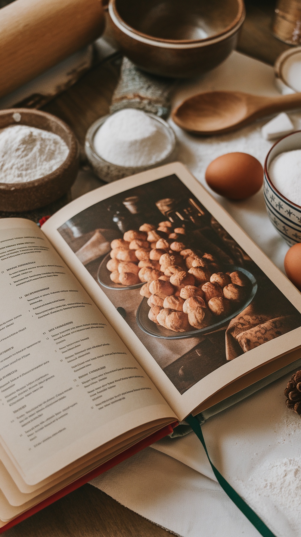 A cozy baking scene with ingredients and an open recipe book featuring baked goods.