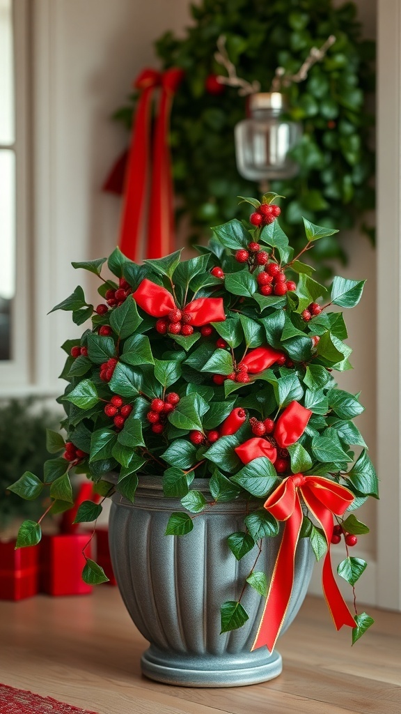 A decorative planter filled with holly and ivy, adorned with red ribbons, set against a festive backdrop.
